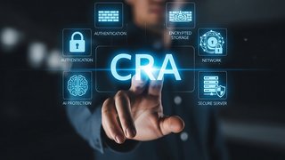 A hand touching a digital screen with cra cybersecurity representing network, ai protection, and secure server data encryption