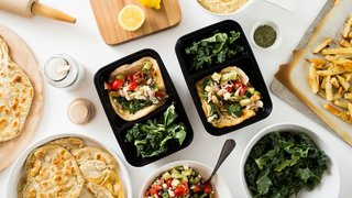 Meal Prep Food Containers with Greek Gyro on Flatbread
