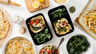 Meal Prep Food Containers with Greek Gyro on Flatbread