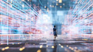 Futuristic city VR wire frame with businesswoman walking