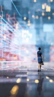 Futuristic city VR wire frame with businesswoman walking