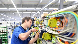 young apprentice assembles components and cables in a factory in a switch cabinet - workplace industry with future